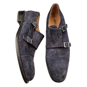 Broletto Mens Navy Blue‎ Suede Double Monk Strap Brogue Dress Shoes Sz 10.5 M